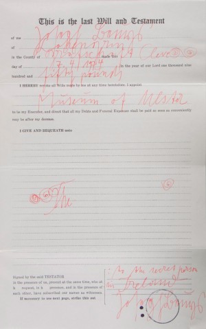 Joseph Beuys - Testament (Will), 1974, will form with mounted postcard; envelope; both inscribed