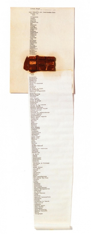 Joseph Beuys - Zwei Fräulein mit leuchtendem Brot (Two Fräuleins with Shining Bread), 1966, cardboard, paper, chocolate painted over in oil paint (Browncross)