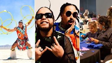 Three photo collage from left to right: Eric Hernandez hoop dancing, Snotty Nose Rez Kids, Family participating in a Family Weekend Workshop