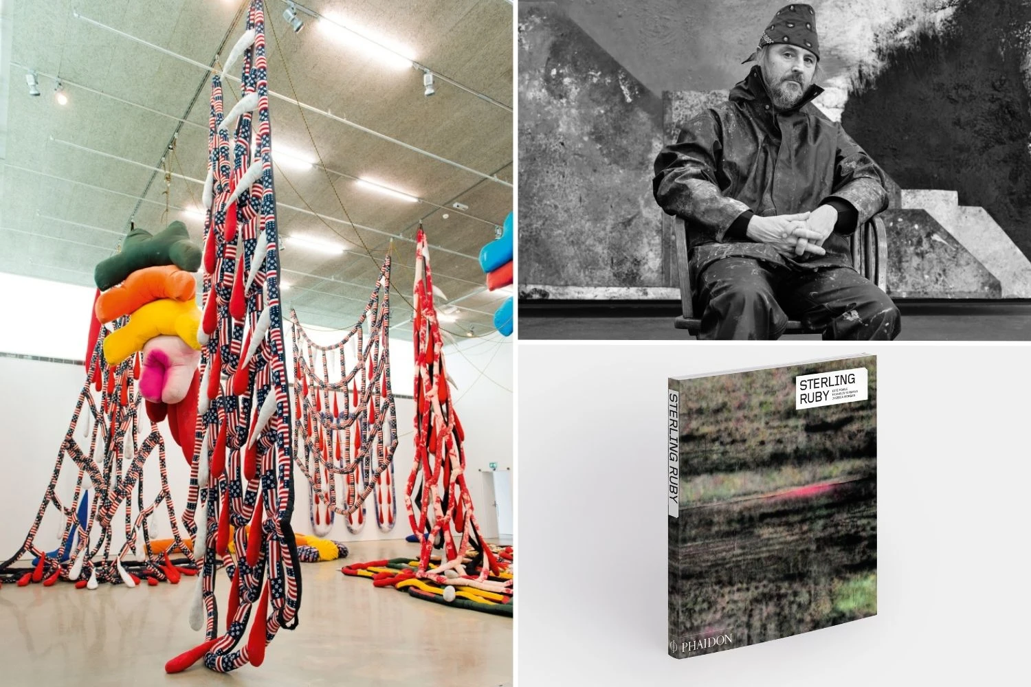 Collage of three photos: one of a "soft sculpture" artwork by Sterling Ruby, another is a portrait of Sterling Ruby sitting down in front of his artwork, and the last is a shot of the cover of his monograph