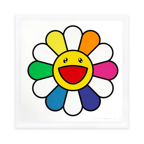 framed print of Takashi Murakami's Superflat Sunshine which is a smilingflower with multi-colored petals
